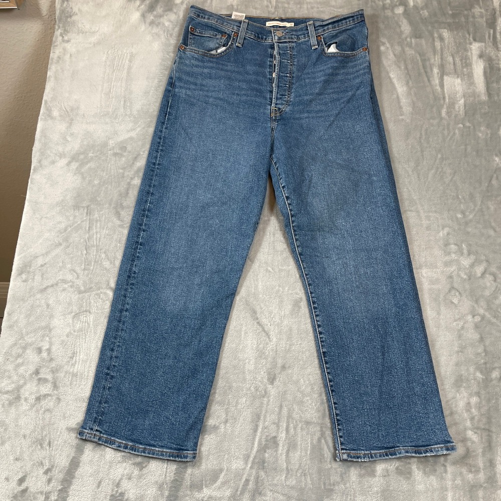 Levis Ribcage Straight Ankle Jeans 32 Medium Wash High Rise Button Fly